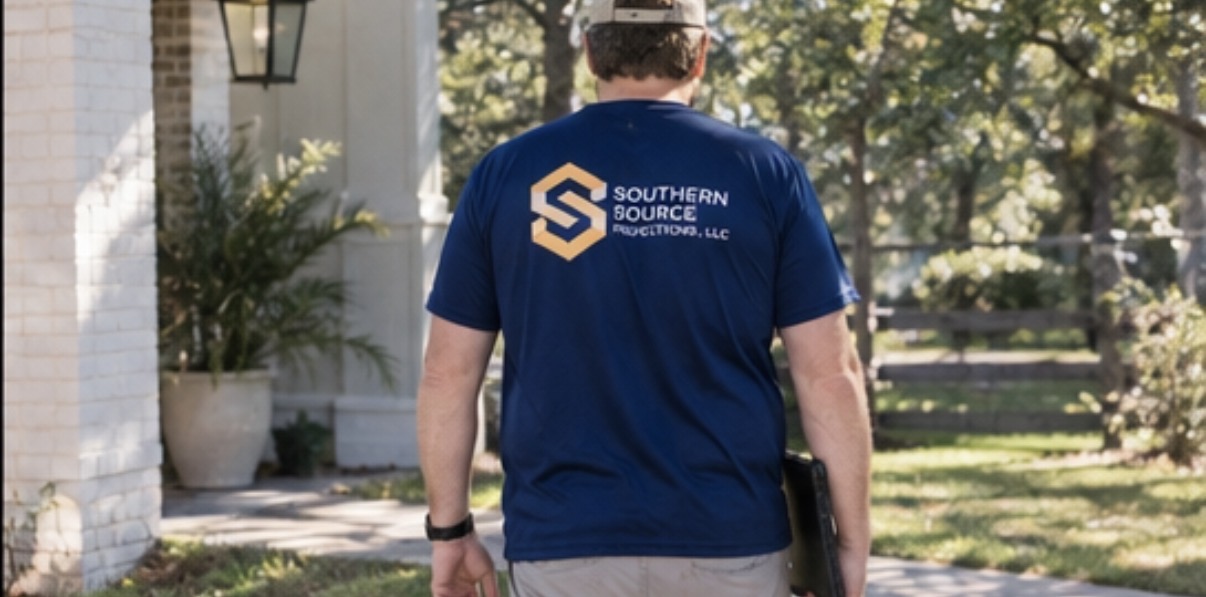Boyce Yarbro walking toward a home wearing a Southern Source Inspections shirt
