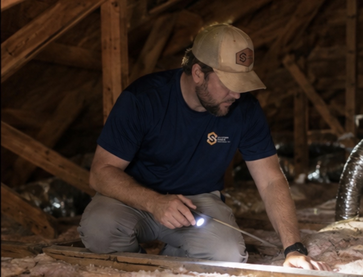 Boyce Yarbro inspecting an attic with a flashlight