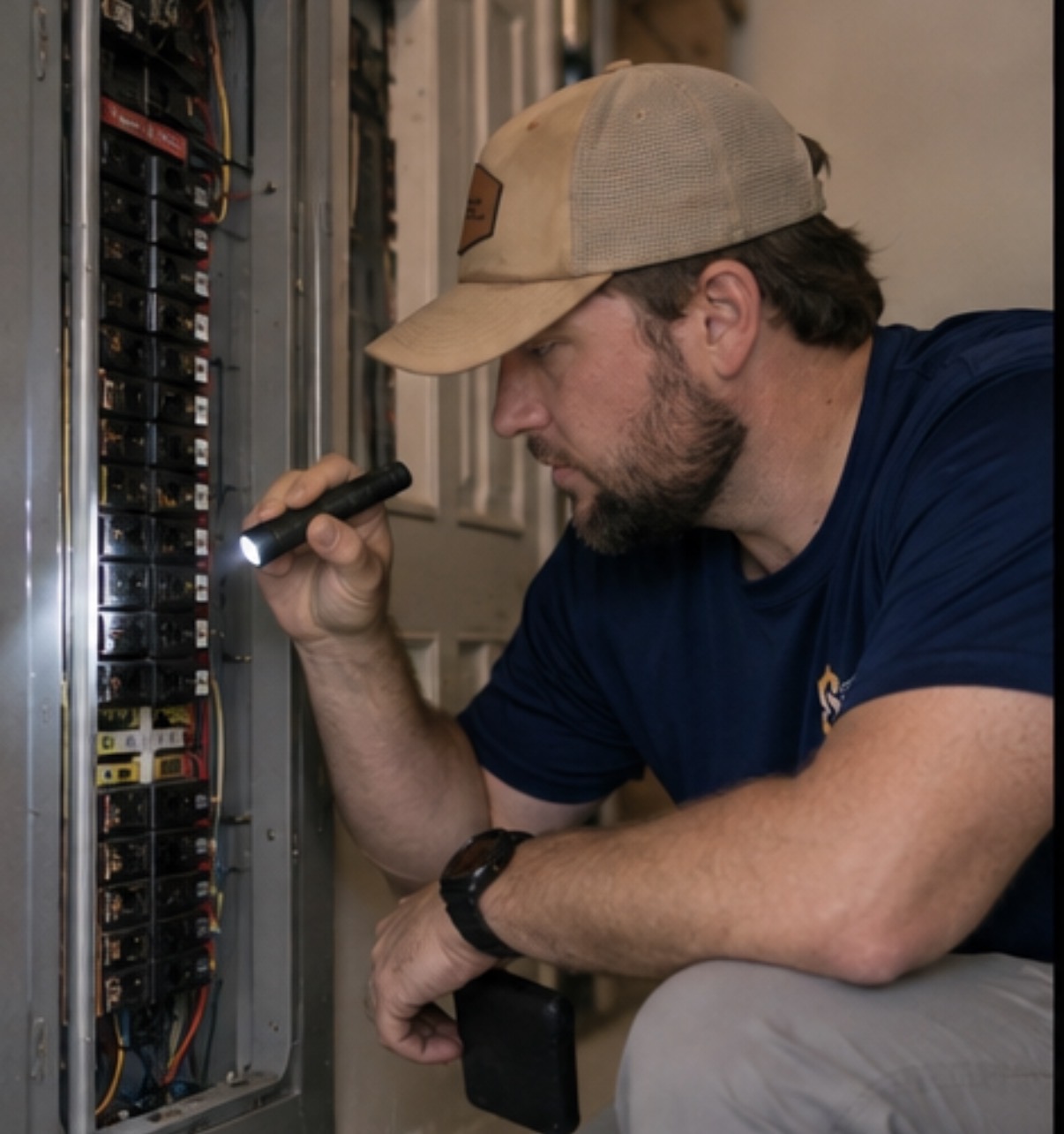 Boyce Yarbro examining an electrical panel during a home inspection