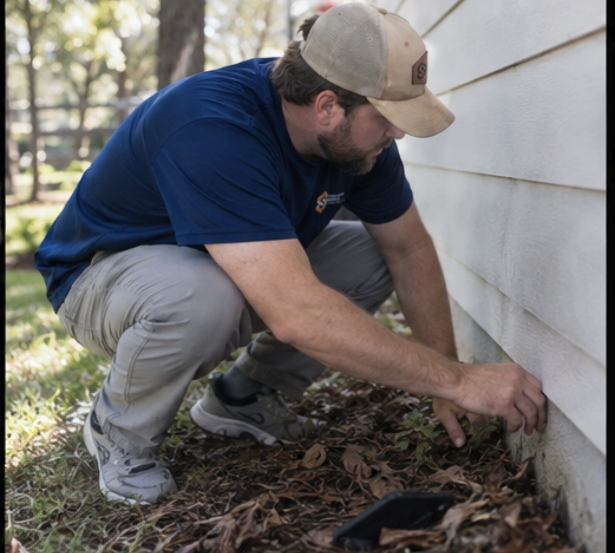 Boyce Yarbro inspecting the exterior wall and foundation area of a home