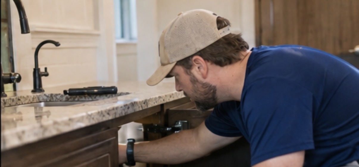 Boyce Yarbro inspecting plumbing beneath a kitchen sink