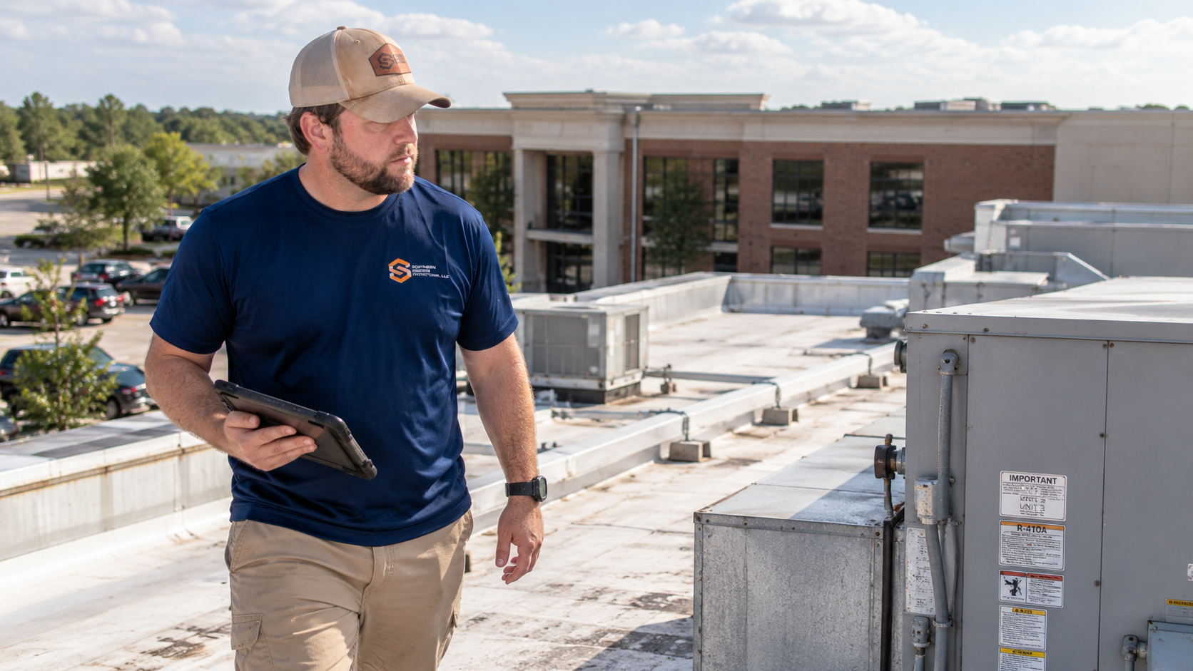 Boyce Yarbro inspecting rooftop equipment at a commercial property