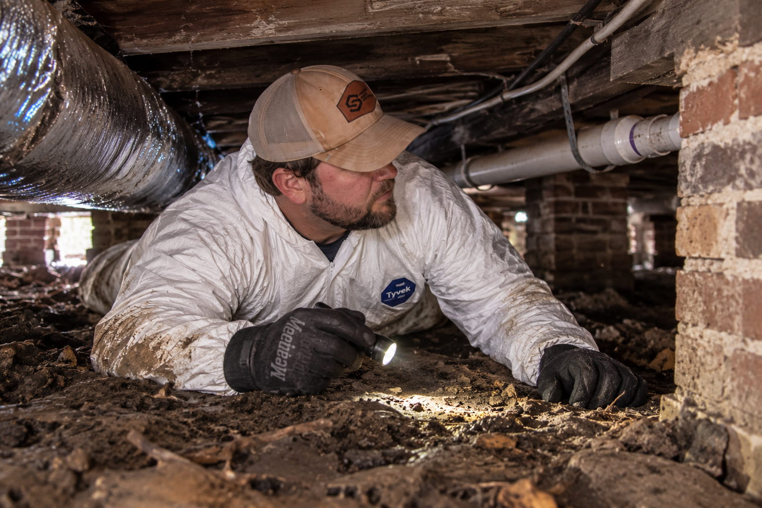 Boyce Yarbro inspecting a low crawlspace with a flashlight