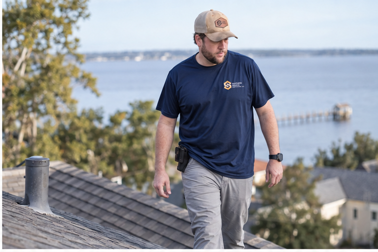Boyce Yarbro walking a residential roof during an inspection