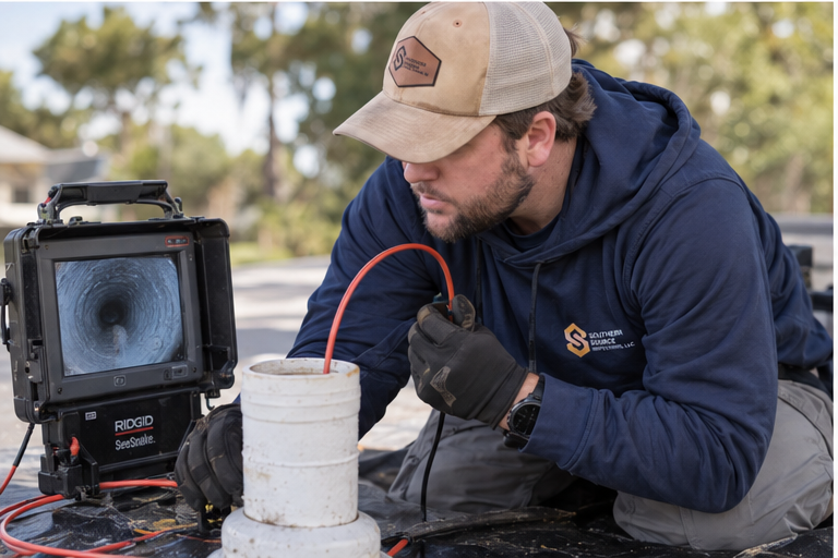 Boyce Yarbro operating sewer camera equipment beside an accessible cleanout