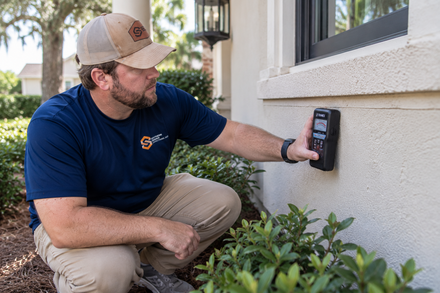 Boyce Yarbro screening a stucco wall with a moisture meter