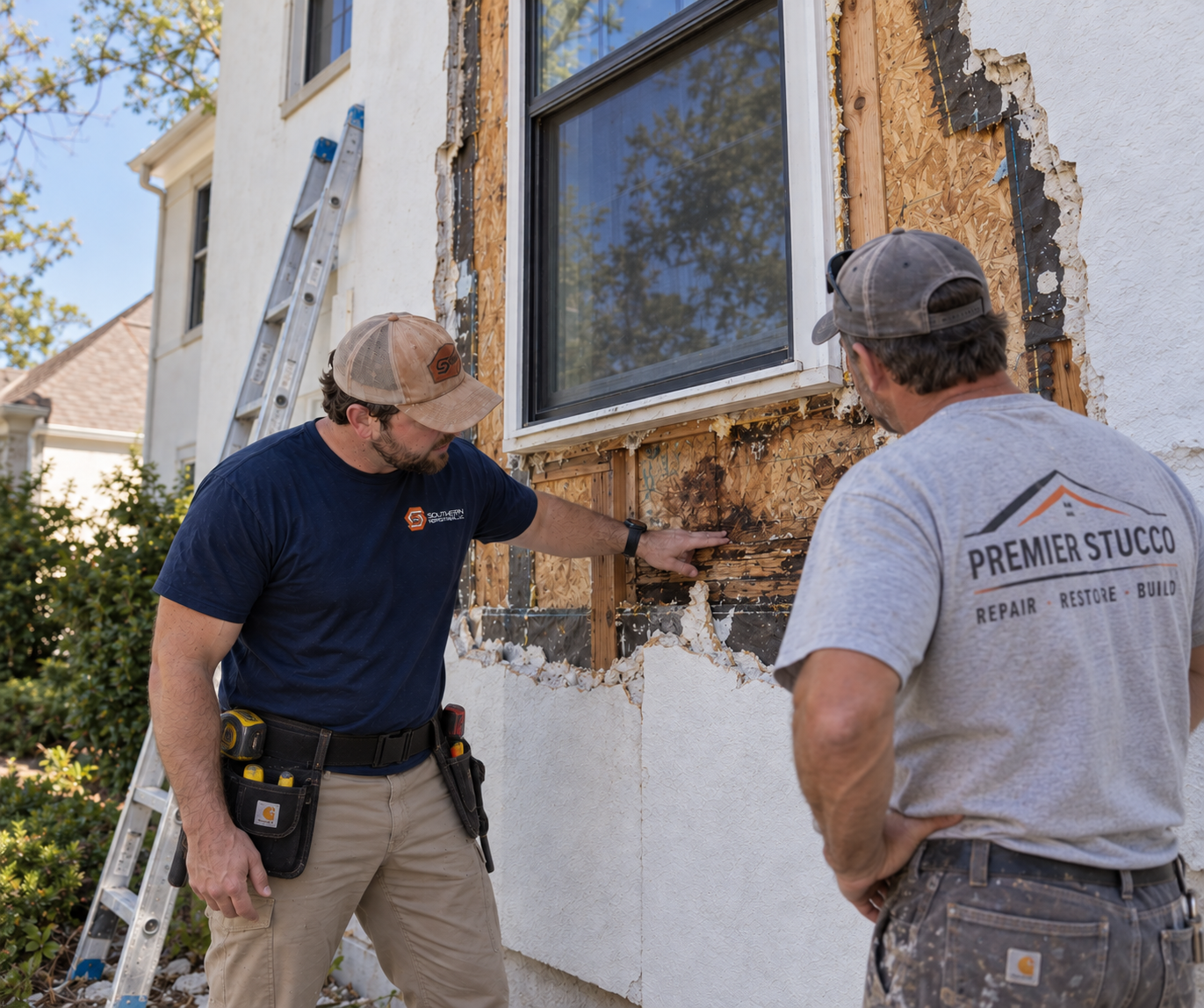Boyce Yarbro reviewing exposed stucco wall components beside a window